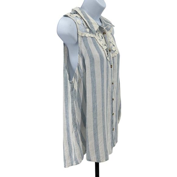 Maeve by Anthropologie Tops WMNS XL White Blue Striped Lace Trim Linen Blouse - Picture 3 of 8
